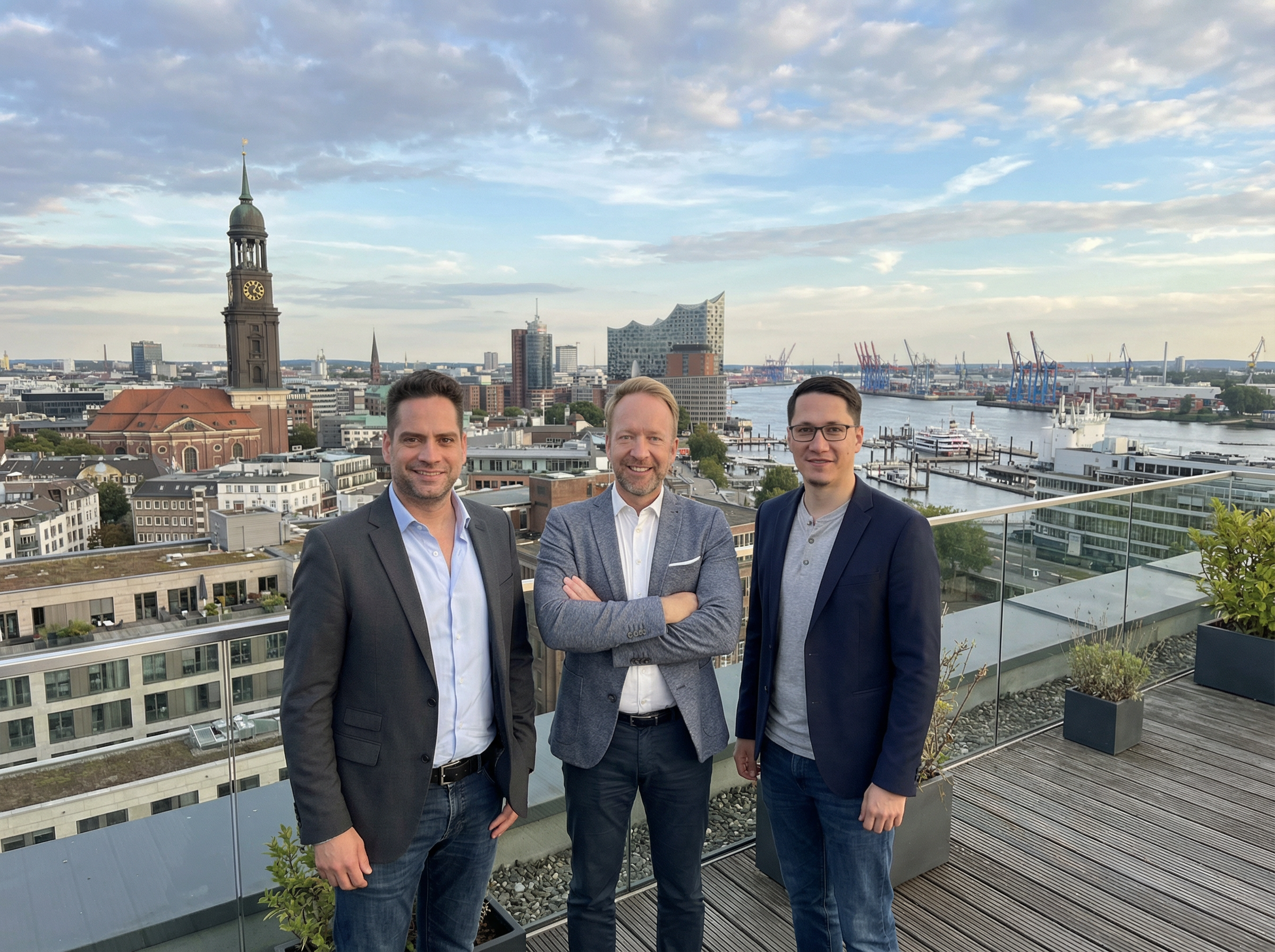 Team AI Voice Impact vor der Hamburger Skyline